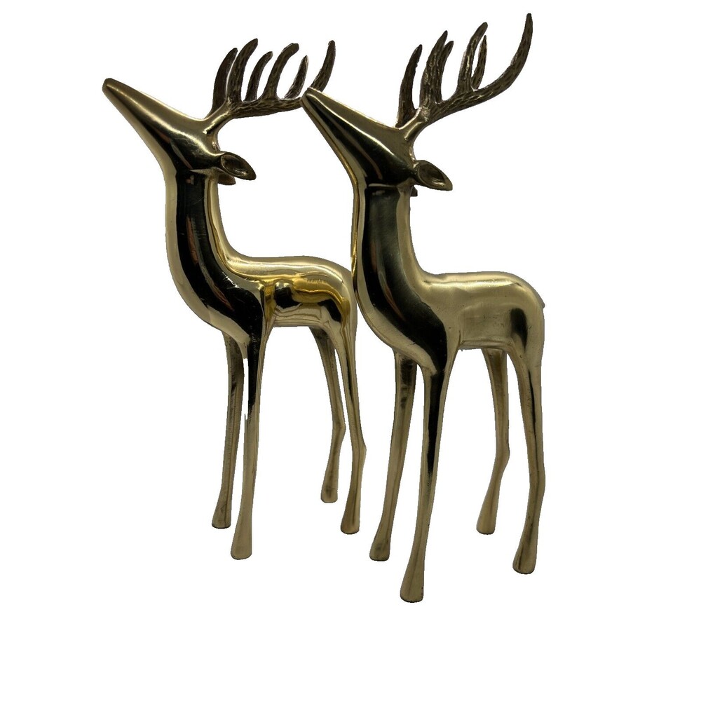 set 2 Large Brass Buck Doe Deer Reindeer Sculpture MCM Holiday christmas heavy